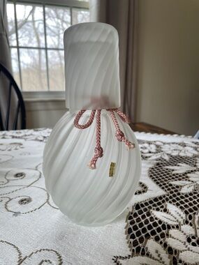 Frosted Swirl Glass Bedside Tumble Up Carafe with Pink Cord Accent Vintage